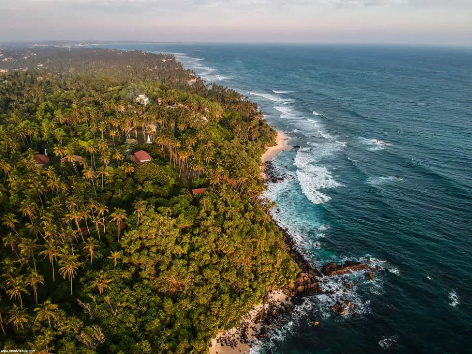 Aerial drone photography of the palm-lined south coast of Sri Lanka at sunset
